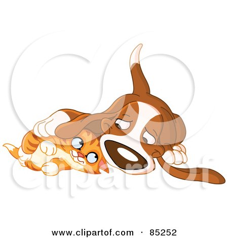 Royalty-Free (RF) Clipart Illustration of a Basset Hound And Ginger Kitten Cuddling by yayayoyo