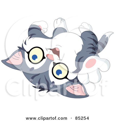 Royalty-Free (RF) Clipart Illustration of a Gray And White Kitten Laying On His Back And Reaching Out by yayayoyo