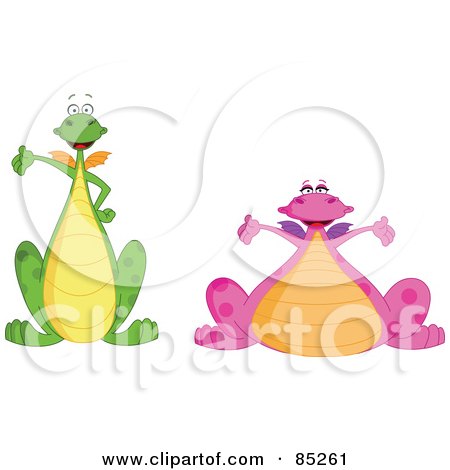 Royalty-Free (RF) Clipart Illustration of a Digital Collage Of Two Cute Green And Pink Dragons by yayayoyo