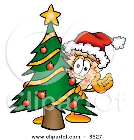 Clipart Picture of a Slice of Pizza Mascot Cartoon Character Waving and Standing by a Decorated Christmas Tree by Mascot Junction
