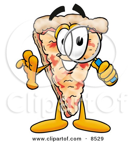 Clipart Picture of a Slice of Pizza Mascot Cartoon Character Looking Through a Magnifying Glass by Mascot Junction