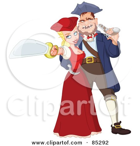 Royalty-Free (RF) Clipart Illustration of a Pretty Pirate Woman And Ugly Pirate Man With Weapons by yayayoyo