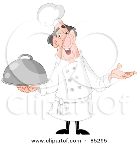 Royalty-Free (RF) Clipart Illustration of a Chubby And Happy Male Chef Shrugging And Holding A Platter by yayayoyo