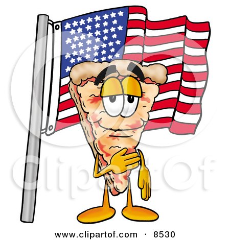 Clipart Picture of a Slice of Pizza Mascot Cartoon Character Pledging Allegiance to an American Flag by Mascot Junction