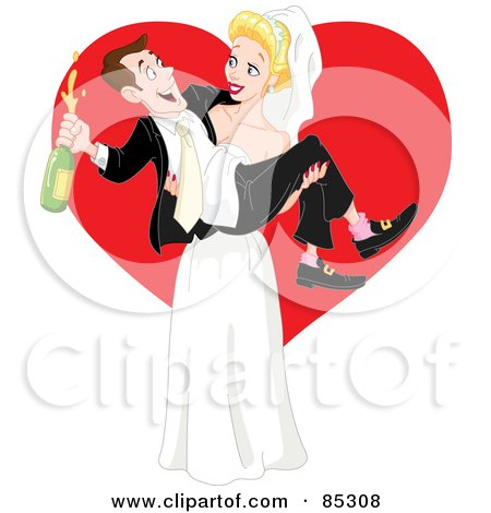 Royalty-Free (RF) Clipart Illustration of a Beautiful Blond Bride Carrying Her Drunk Groom by yayayoyo