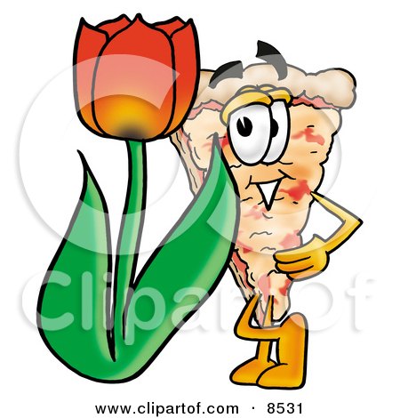 Clipart Picture of a Slice of Pizza Mascot Cartoon Character With a Red Tulip Flower in the Spring by Mascot Junction