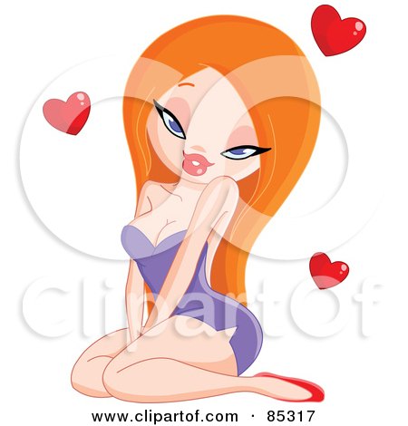 Royalty-Free (RF) Clipart Illustration of a Sexy Red Head Woman Sitting In A Purple Dress, With Red Hearts by yayayoyo