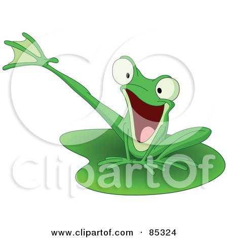 Royalty-Free (RF) Clipart Illustration of an Energetic Green Kicking Frog On A Lily Pad by yayayoyo