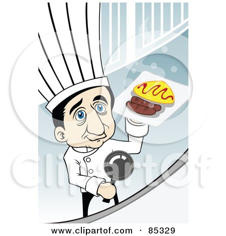 Royalty-Free (RF) Clipart Illustration of a Blue Eyed Male Chef Holding A Plate Of Food Behind A Counter by mayawizard101