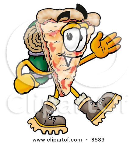 Clipart Picture of a Slice of Pizza Mascot Cartoon Character Hiking and Carrying a Backpack by Mascot Junction