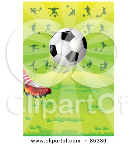 Royalty-Free (RF) Clipart Illustration of a Cleated Foot Kicking A Soccer Ball, With Silhouetted Athletes Over Green by mayawizard101