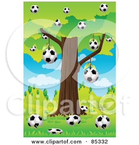 Royalty-Free (RF) Clipart Illustration of a Soccer Balls Below And Hanging From A Tree In A Hilly Landscape by mayawizard101