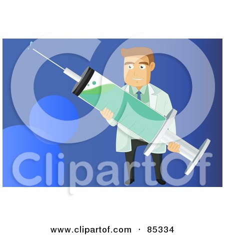 Royalty-Free (RF) Clipart Illustration of a Male Caucasian Doctor Holding A H1n1 Vaccine Syringe Over Blue by mayawizard101