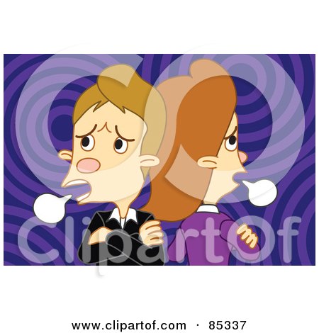 Royalty-Free (RF) Clipart Illustration of a Bickering Caucasian Couple Standing Back To Back With Word Balloons by mayawizard101