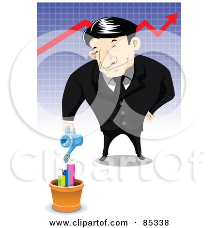Royalty-Free (RF) Clipart Illustration of an Asian Businessman Watering A Potted Bar Graph, In Front Of A Red Arrow Chart by mayawizard101