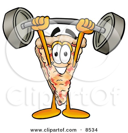 Clipart Picture of a Slice of Pizza Mascot Cartoon Character Holding a Heavy Barbell Above His Head by Mascot Junction