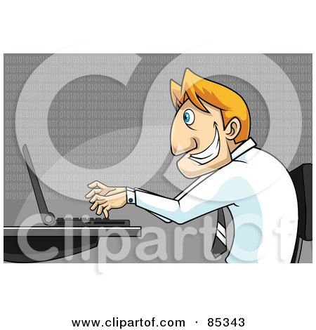 Royalty-Free (RF) Clipart Illustration of a Grinning Blond Businessman In Profile, Typing On A Laptop by mayawizard101