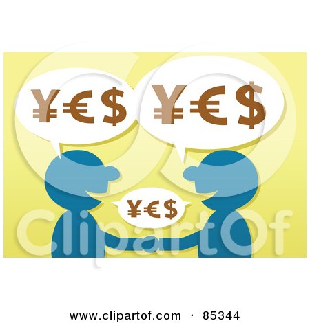Royalty-Free (RF) Clipart Illustration of Blue Silhouetted Men Shaking Hands With Yes Yen, Euro And Dollar Symbols by mayawizard101