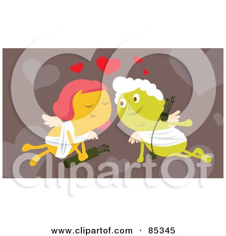 Royalty-Free (RF) Clipart Illustration of a Cupid Couple In Love Under Red Hearts by mayawizard101