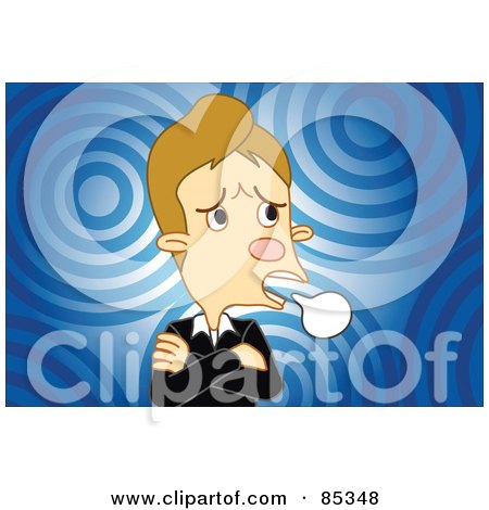 Royalty-Free (RF) Clipart Illustration of a Stubborn And Angry Man With His Arms Crossed And A Word Balloon Over Blue Circles by mayawizard101