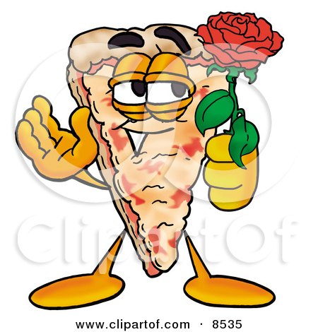 Clipart Picture of a Slice of Pizza Mascot Cartoon Character Holding a Red Rose on Valentines Day by Mascot Junction