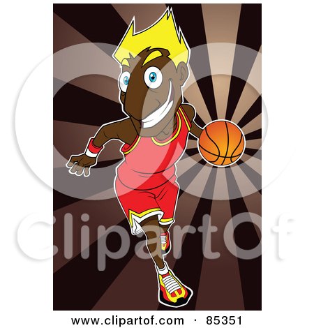 Royalty-Free (RF) Clipart Illustration of a Black Basketballer With Blond Hair, Dribbling A Ball Over A Brown Burst by mayawizard101