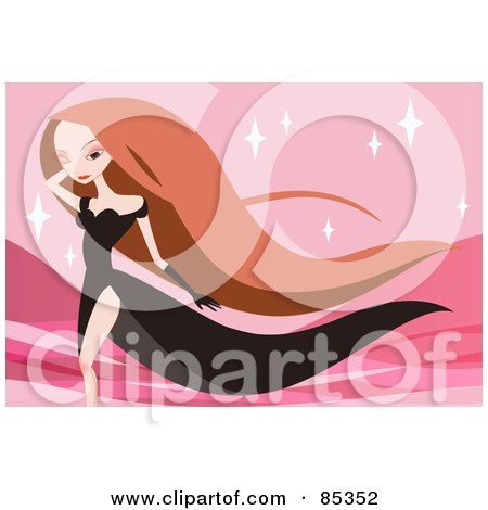 Royalty-Free (RF) Clipart Illustration of a Stunning Lady With Long Hair Ad A Flowing Black Dress Over Pink by mayawizard101