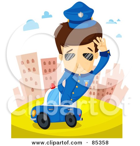 Royalty-Free (RF) Clipart Illustration of a Brunette Police Man Saluting And Sticking Out Of His Car In The City by mayawizard101