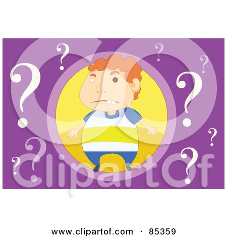 Royalty-Free (RF) Clipart Illustration of a Confused Litle Boy In A Yellow Circle, Surrounded By Question Marks On Purple by mayawizard101