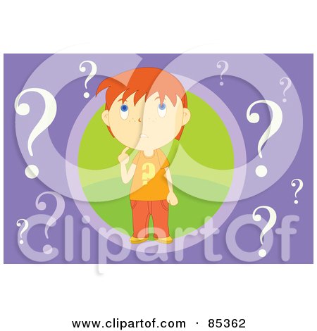 Royalty-Free (RF) Clipart Illustration of a Wondering Red Haired Boy In A Green Circle, Surrounded By Question Marks On Purple by mayawizard101