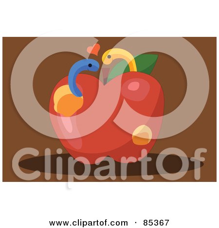 Royalty-Free (RF) Clipart Illustration of a Worm Couple With A Heart, Emerging From An Apple Over Brown by mayawizard101