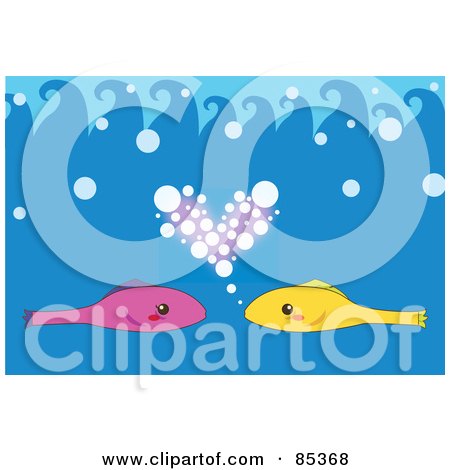 Royalty-Free (RF) Clipart Illustration of Pink And Yellow Fish With A Heart Of Bubbles In The Blue Sea by mayawizard101