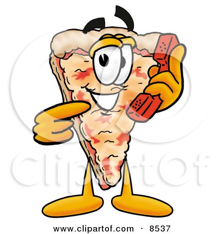 Clipart Picture of a Slice of Pizza Mascot Cartoon Character Holding a Telephone by Mascot Junction