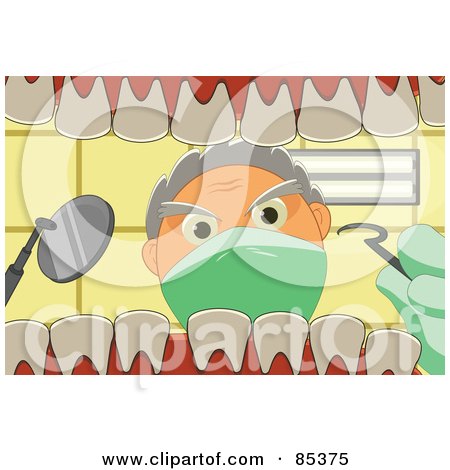 Royalty-Free (RF) Clipart Illustration of a View From Inside A Human Mouth Showing A Dentist Peering In At The Teeth by mayawizard101