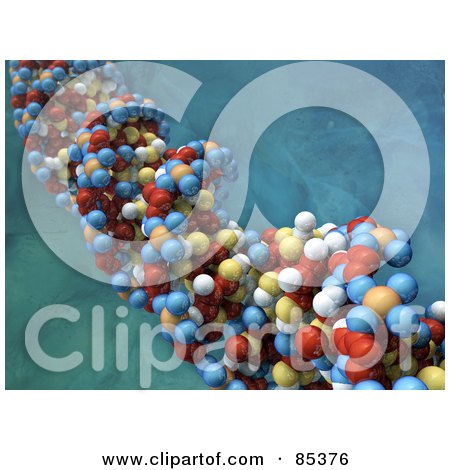 Royalty-Free (RF) Clipart Illustration of a Closeup Of A 3d Colorful Dna Strand Over A Water Like Background by Mopic