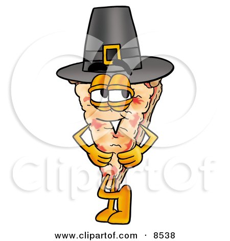 Clipart Picture of a Slice of Pizza Mascot Cartoon Character Wearing a Pilgrim Hat on Thanksgiving by Mascot Junction