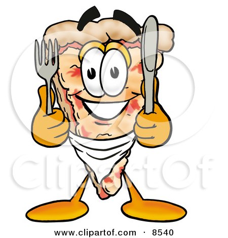 Clipart Picture of a Slice of Pizza Mascot Cartoon Character Holding a Knife and Fork by Mascot Junction