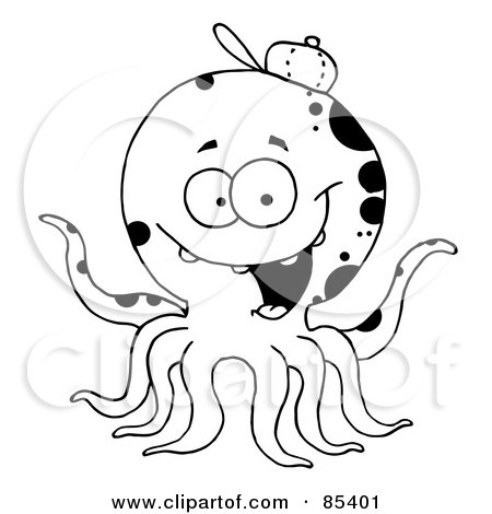 Royalty-Free (RF) Clipart Illustration of a Black And White Octopus Wearing A Hat by Hit Toon