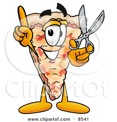 Clipart Picture of a Slice of Pizza Mascot Cartoon Character Holding a Pair of Scissors by Mascot Junction