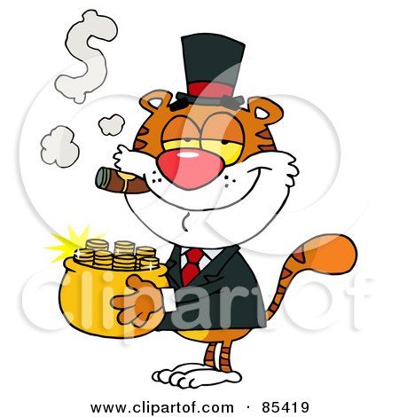 Royalty-Free (RF) Clipart Illustration of a Wealthy Tiger Carrying A Pot Of Gold And Smoking A Cigar by Hit Toon