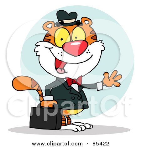 Royalty-Free (RF) Clipart Illustration of a Friendly Salesman Tiger Waving And Carrying A Briefcase by Hit Toon