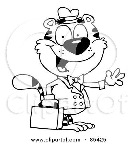 Royalty-Free (RF) Clipart Illustration of an Outlined Salesman Tiger Waving And Carrying A Briefcase by Hit Toon