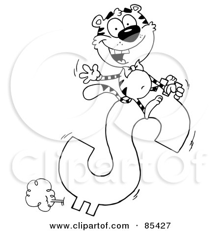 Royalty-Free (RF) Clipart Illustration of a Black And White Tiger Riding On A Dollar Symbol by Hit Toon