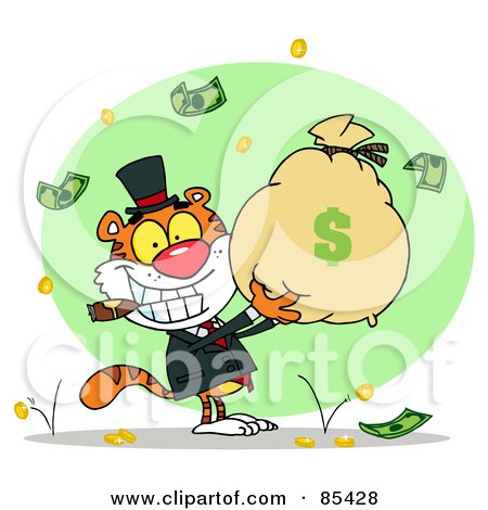 Royalty-Free (RF) Clipart Illustration of a Successful Tiger Smoking A Cigar And Holding Up A Bag Of Money by Hit Toon
