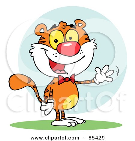 Royalty-Free (RF) Clipart Illustration of a Friendly Tiger Wearing A Bow Tie And Waving by Hit Toon