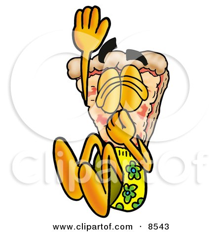 Clipart Picture of a Slice of Pizza Mascot Cartoon Character Plugging His Nose While Jumping Into Water by Mascot Junction