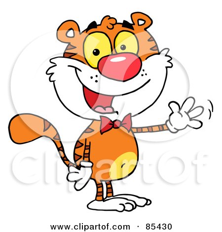 Royalty-Free (RF) Clipart Illustration of a Cute Tiger Wearing A Bow Tie And Waving by Hit Toon