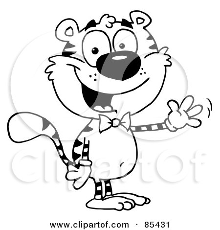 Royalty-Free (RF) Clipart Illustration of a Black And White Tiger Wearing A Bow Tie And Waving by Hit Toon