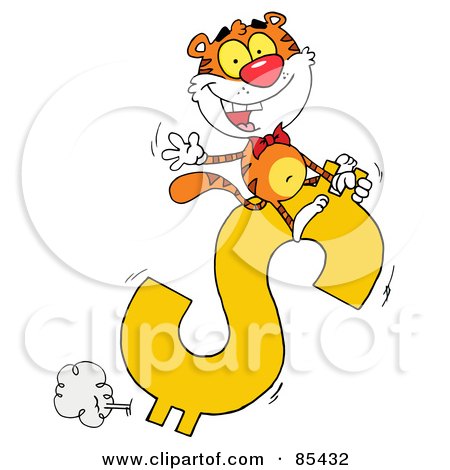 Royalty-Free (RF) Clipart Illustration of a Happy Tiger Riding On A Dollar Symbol by Hit Toon