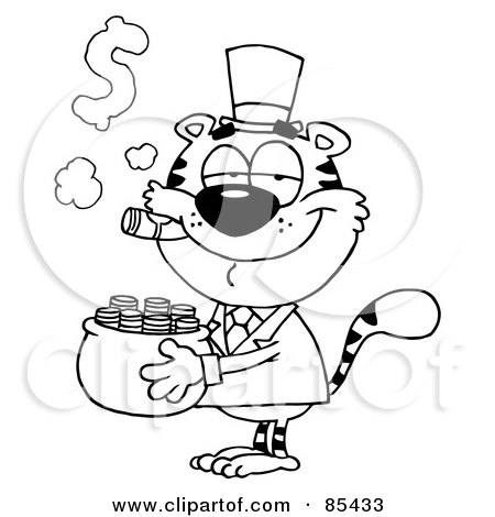 Royalty-Free (RF) Clipart Illustration of a Black And White Tiger Carrying A Pot Of Gold And Smoking A Cigar by Hit Toon